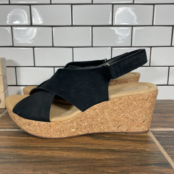 Clarks Annadel Eirwyn Womens Size 12 Shoes Black Nubuck Slingback Wedge Sandal - Picture 1 of 12